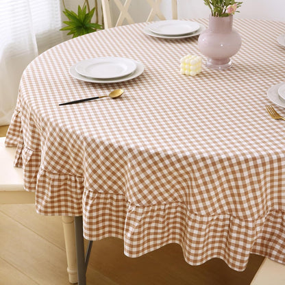 Taupe White Gingham Tablecloth round Dia.70“1
