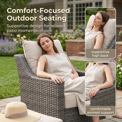 3-Piece Outdoor Patio Furniture Set, Grey Wicker Conversation Set with 2 High-Back Chairs and Side Table, 6-Inch Beige Olefin Cushions for Porch, Deck, Balcony3