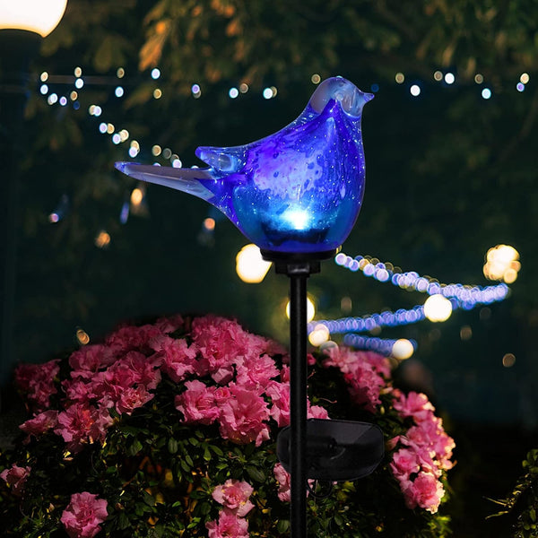 Outdoor Solar Garden Lights, Hand Blown Glass Blue Bird Yard Stake6