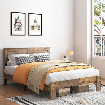 Wood King Bed Frame with Headboard, Vintage Brown1
