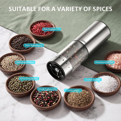 Rechargeable Electric Salt and Pepper Grinder Set with Storage Base,Automatic Refillable Salt and Pepper Shakers with LED Display,Upgraded Large Capacity,External Adjustable Coarseness for Mom Gifts7