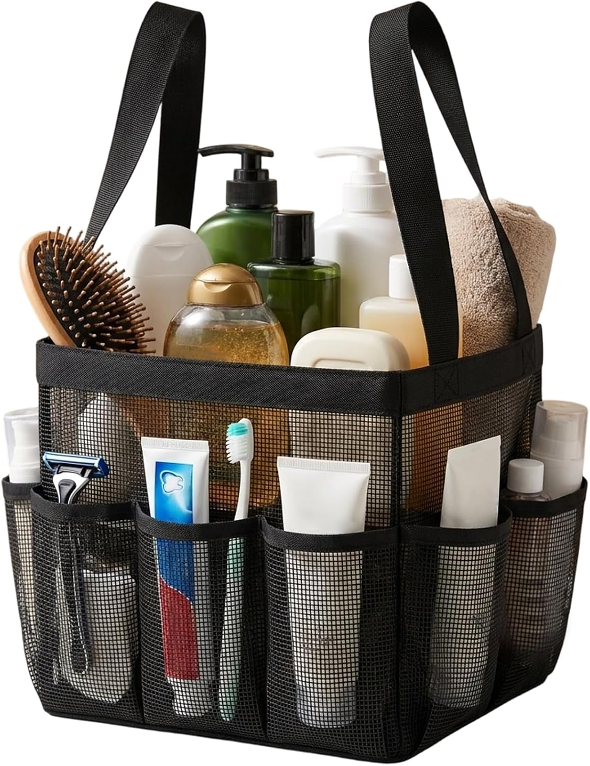 mesh-shower-caddy-portable-black-beach-tote-bag-for-bathroom-dorm-essentials-quick-dry-toiletry-organizer-large-with-2-handles-9-pockets-for-swim-pool-gym-college-camp-travel-women-men-basket-bag