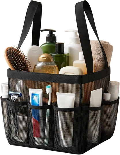 Mesh Shower Caddy, Portable Black Beach Tote Bag for Bathroom Dorm Essentials, Quick Dry Toiletry Organizer Large with 2 Handles 9 Pockets for Swim Pool Gym College Camp Travel Women Men Basket Bag1