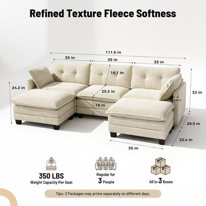 111.5" U Shaped Modular Sectional Sofa, Beige Corduroy2