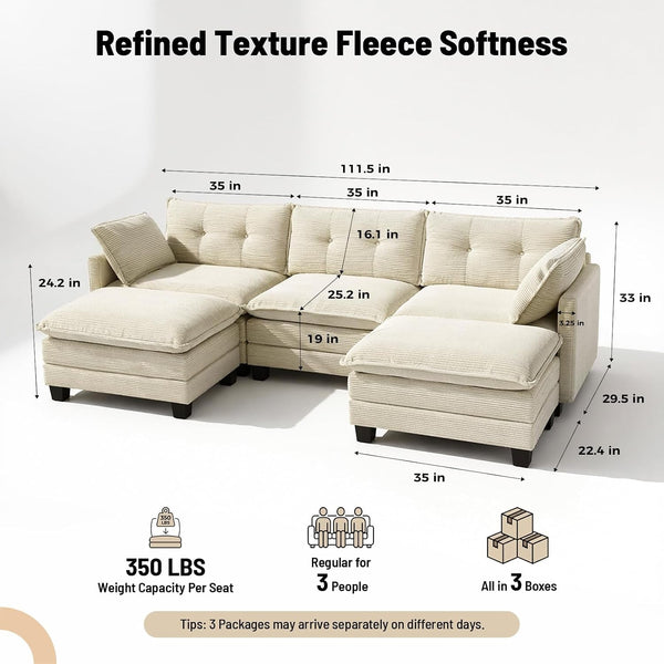 111.5" U Shaped Modular Sectional Sofa, Beige Corduroy2