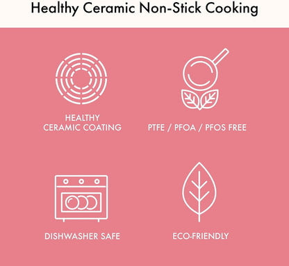Retro 5-Piece Ceramic Nonstick Cookware Set, PFOA Free Pots and Pans with Integrated Steam Vent Lid Knob Prevents Boil over and Heat Resistant Silicone Grips for Safer Cooking at Kitchen, Pink5