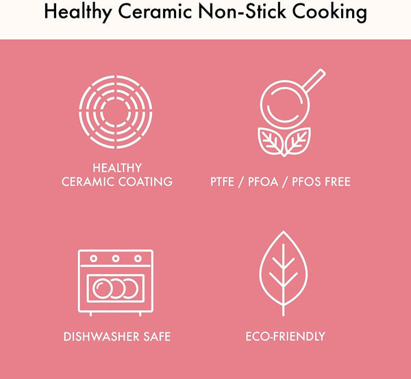 Retro 5-Piece Ceramic Nonstick Cookware Set, PFOA Free Pots and Pans with Integrated Steam Vent Lid Knob Prevents Boil over and Heat Resistant Silicone Grips for Safer Cooking at Kitchen, Pink5