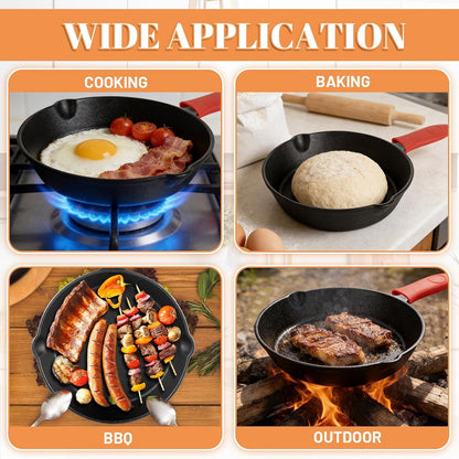 3 PCS Pre-Seasoned Cast Iron Skillet Set, 6", 8", 10" Cast Iron Frying Pan with Silicone Heat-Resistant Handles, Field Skillet Cast Iron Pans for Cooking, Frying, Saute, Cooking, Pizza - Black6