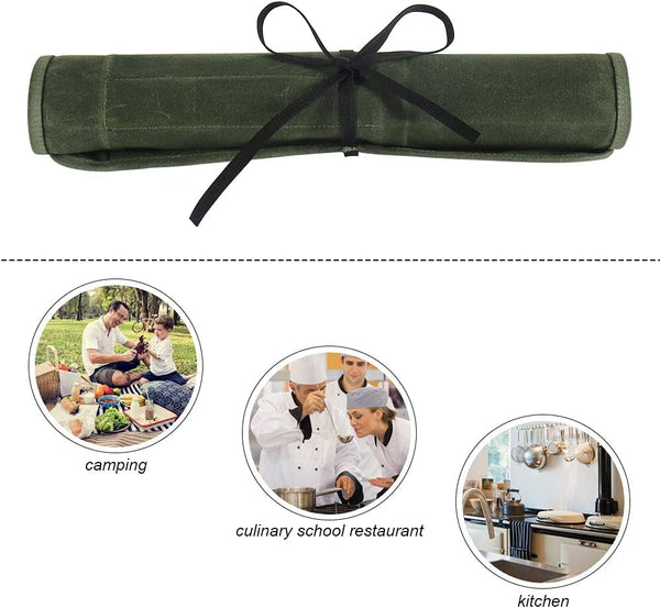 Knife Roll Bag, Chef’S Knife Roll Bag, Heavy Duty Chef Knife Roll Bag with 6 Slots, Waxed Canvas Knife Bag Roll, Knife Pouch Holder for Home, Kitchen, Grill (Green)5