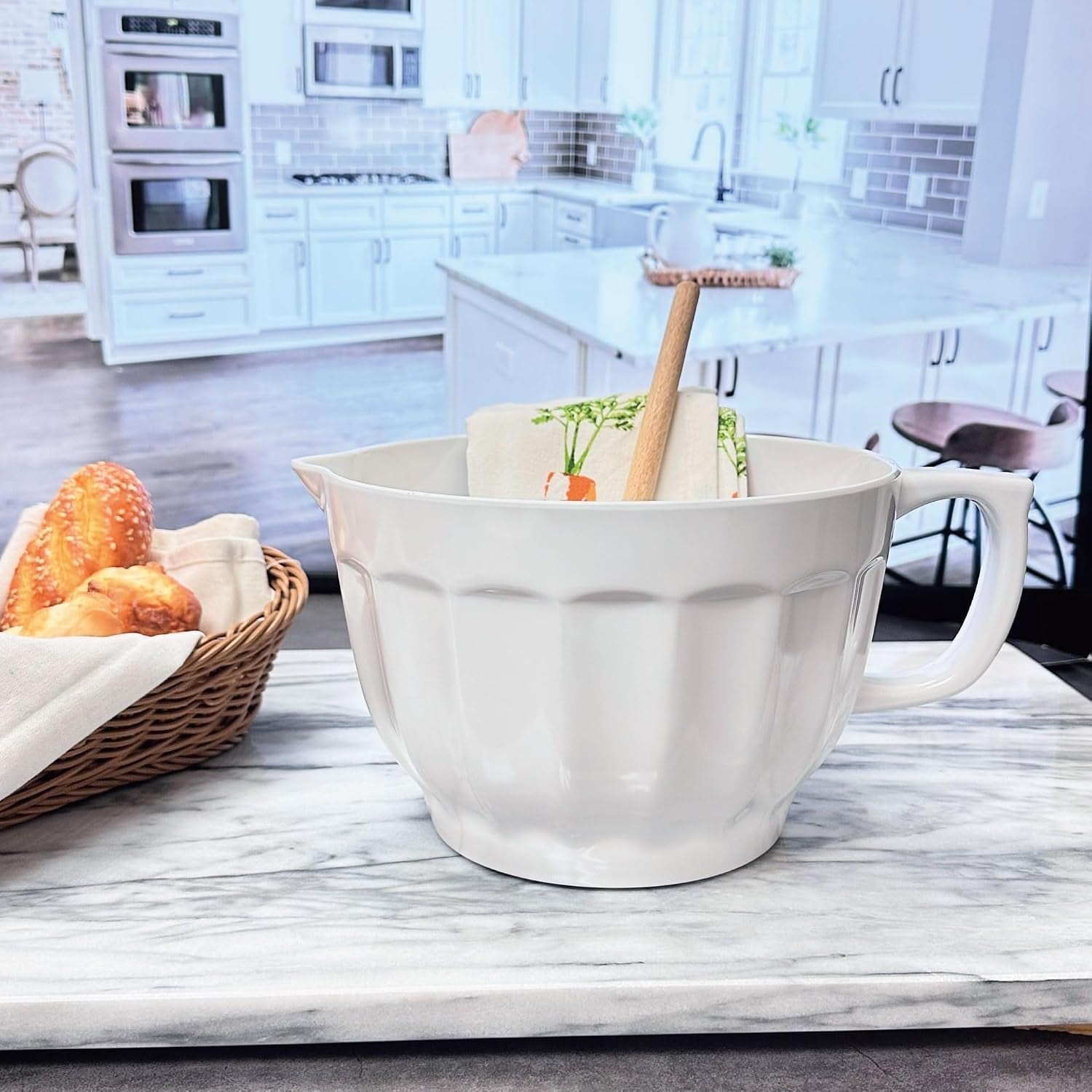 4-3-quart-latte-style-melamine-batter-bowl-with-pour-spout-and-handle-professional-mixing-bowl-with-non-slip-base-ideal-for-pancake-and-cake-batter-11-5-x-8-75-inch-white