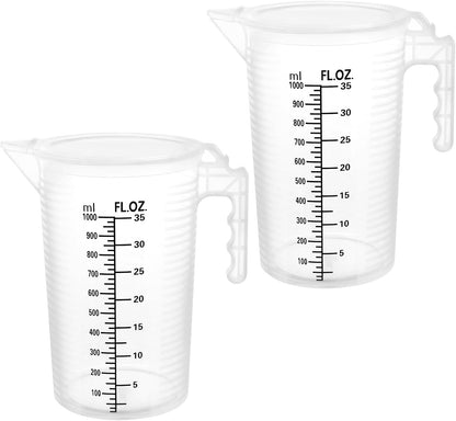 2 Pack 32Oz (1 Quart) Measuring Pitcher - Plastic, Multipurpose, Polypropylene, with Clear Ounce & Milliliter Markings, Dustproof Lid, for Cooking, Home Hobbies, Shop Oil and Fluids1