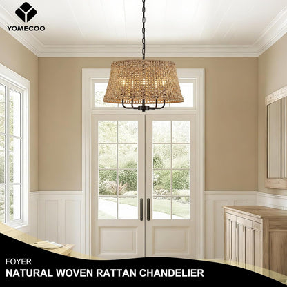 19.7" Boho Rattan Chandelier, 5-Light Black Wicker Light Fixture8