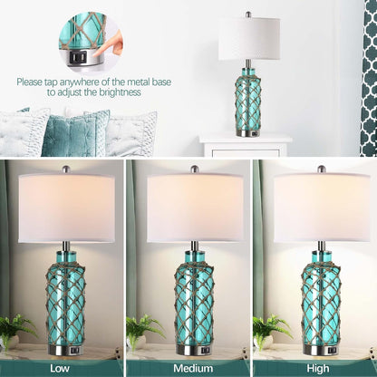 Cottage Nautical Accent Table Lamp Set of 2, Touch Control Coastal Blue Green Glass Rope Net Bedside Lamp with 2 USB Ports, 3-Way Dimmable Nightstand Lamps with White Shade for Living Room, Bedroom3