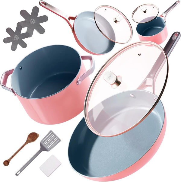 Premium Non-Toxic Ceramic Cookware Set – Triple-Layer Nonstick 12 Piece Pots and Pans with Lids, Pfas-Free, Oven Safe for Healthy Meals, Space-Saving Design, Coral Pink Color |1