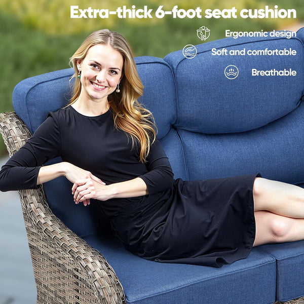 Swivel Patio Chairs Sofa Set of 6-6" Thick Cushion - Wicker Outdoor Swivel Rocker Patio Chair,Sofa/Side Table, High Back Comfortable Outdoor Glider Chairs - Grey Wicker | Blue Cushions9