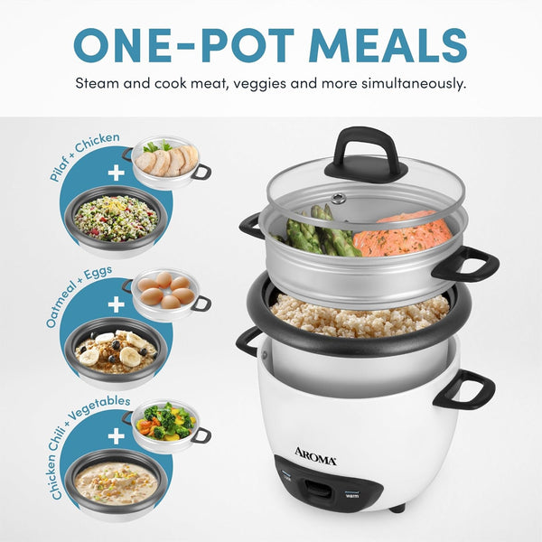 ® Rice Cooker, 3-Cup (Uncooked) / 6-Cup (Cooked), Steamer, Small Rice Cooker, Oatmeal Cooker, Soup Maker, Auto Keep Warm, 1.5 Qt, White, ARC-743-1NG2