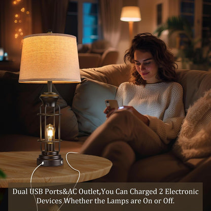 Table Lamp Set of 2 with USB Ports, 28" Tall Farmhouse Table Lamp with 2 Nightlight Bulbs,Touch Control Table Lamps for Bedroom, Rustic Bedside Lamp for End Tables,Bulbs Included,Black4