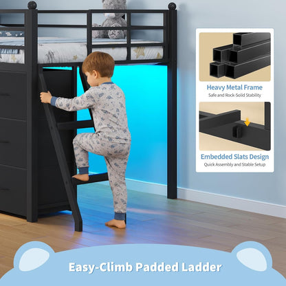 Twin Loft Bed with 8 Storage Drawers, LED Lights, Upholsterd Headboard, Inclined Ladder & Play Curtain, Kids Loft Bed with Safety Guardrail, Under-Bed Play Area, Black8