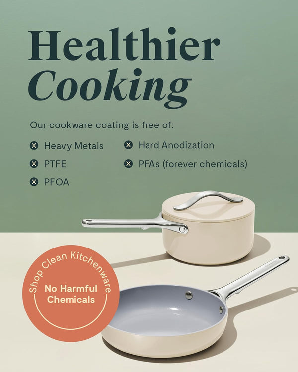 Caraway Non-Stick Ceramic Mini Cookware Set | Ceramic Fry Pan (1.05 Qt, 8") Sauce Pan (1.75 Qt) and Storage Rack, Non Toxic, PTFE & PFOA Free, Cream6