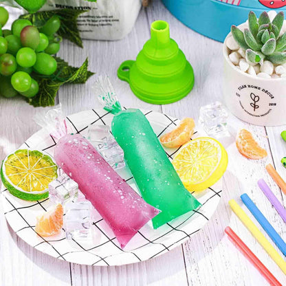 250 Pcs Disposable Ice Lolly Molds – Plastic Freeze Pop Bags with Silicone Funnel for Homemade Yogurt and Candy (3 X 12 Inch)4