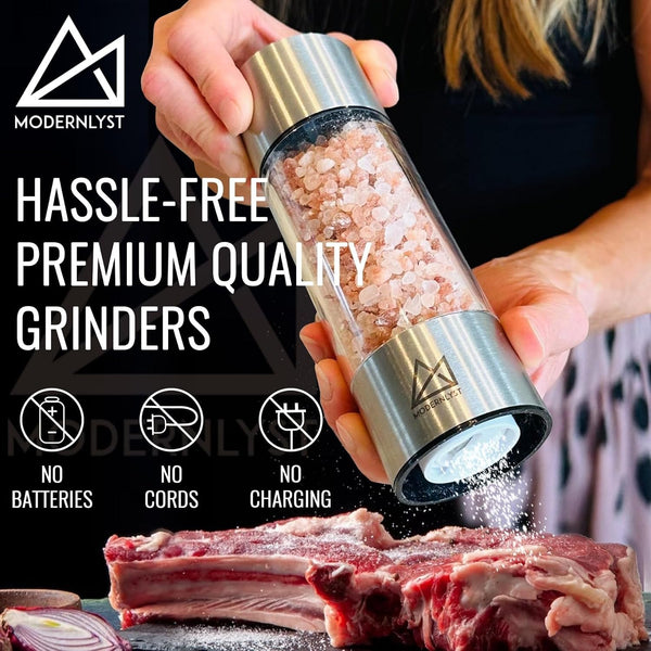 Salt and Pepper Grinder Set Manual 2 Pack | Large round Salt and Pepper Shakers Set | 7.5 Inch Stainless Steel Salt Grinder Refillable | Manual Pepper Grinder (Stainless Steel)2