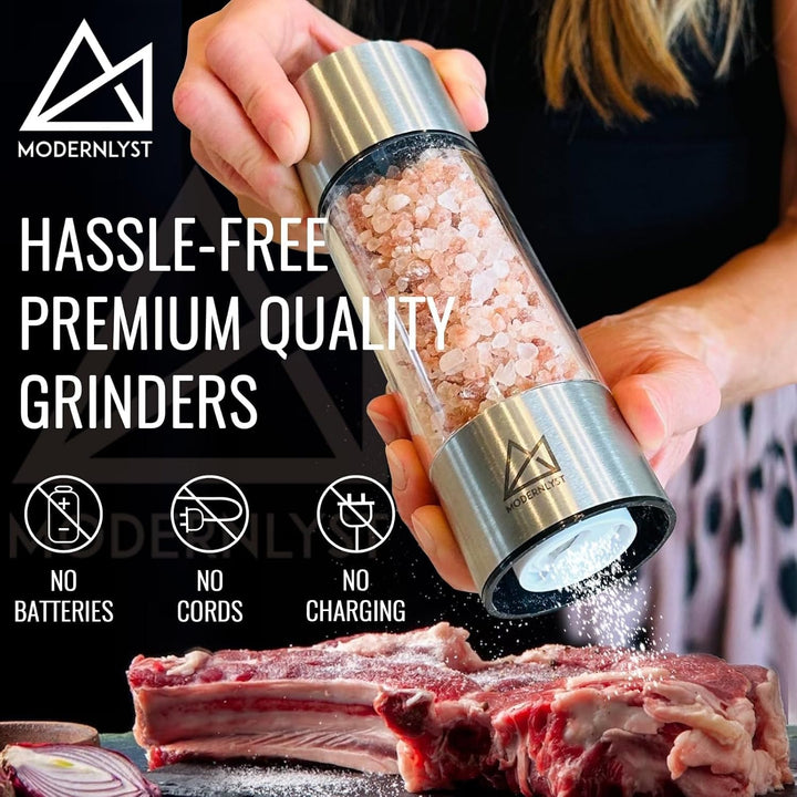 Salt and Pepper Grinder Set Manual 2 Pack | Large round Salt and Pepper Shakers Set | 7.5 Inch Stainless Steel Salt Grinder Refillable | Manual Pepper Grinder (Stainless Steel)+2