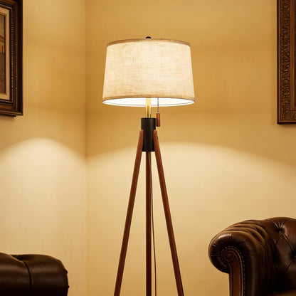 Mid Century Tripod Floor Lamp with Pull Chain,Black & Gold Finish | Two-Tone Solid Wood Design,Linen Tapered Drum Shade,Tall Standing Lamp for Living Room,Bedroom & Reading Corner,Bulb Included9
