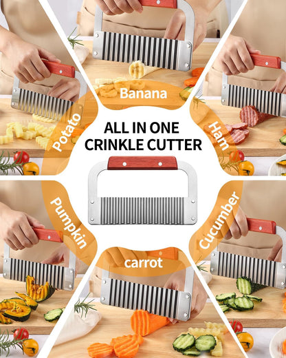 Crinkle Cutter Stainless Steel Potato Slicer Heavy Duty Wavy Crinkle Cutting Chopping Tools with Wooden Handle for Carrot Veggies | Heavy Duty Wooden Handle Sharp and Deep Waves Crinkle Cutting for Carrot Zucchini Pickled Cucumber Dishwasher Safety6