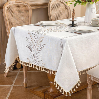 Rectangle Tablecloth 55" X 75", Farmhouse Linen Style Table Cloth with Brown Fern Embroidery & Tassels, Heavy Weight Wrinkle & Spill Resistant Table Cover for Dining Kitchen (4-6 Seats)7