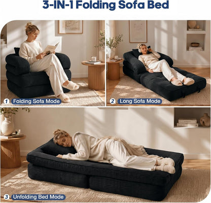Convertible Sleeper Chair, Folding Sofa Bed with Armrests, Foldable Boneless Bed, 3-In-1 Portable Corduroy Futon Couch Floor Sofa with Pillow for Bedroom, Living Room, Black5