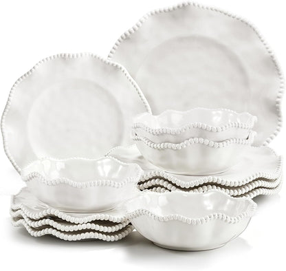 Perlette Melamine Dinnerware Sets,Service for 4, Cream Plates and Bowls Set with Beaded Edge, BPA Free Dishwasher Safe, Heavy Duty Unbreakable Dinnerware for Wedding Party Camping Outdoor1