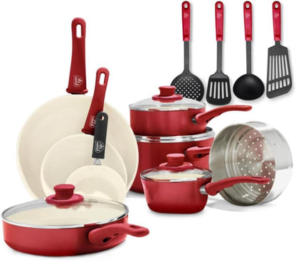 16 Piece Nonstick Cookware Set, Soft Grip Non-Toxic Pfas-Free Ceramic Pots & Pans, Dishwasher & Oven Safe, Frying, Sauce, Saute, Utensils, Glass Lids, Stay-Cool Handles, Wobble Free, Red1