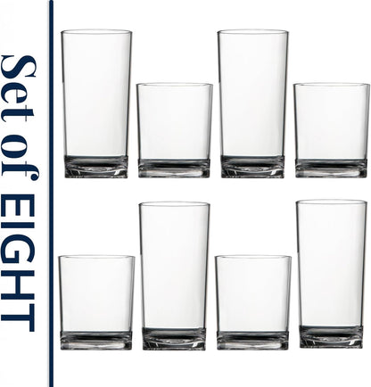Classic Clear Plastic Reusable Drinking Glasses (Set of 8) 12Oz Rocks & 16Oz Water Cups | Bpa-Free Tumblers, Made in USA | Top-Rack Dishwasher Safe8