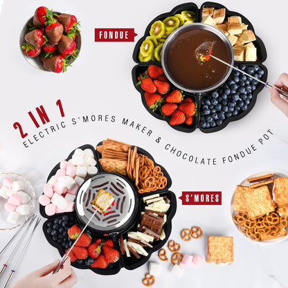 2 in 1 Electric S’Mores Maker & Fondue Pot, Tabletop Indoor Smores Kit with 4 Roasting Forks, 4 Detachable Trays & 1 Flameless Temperature-Controlled Heater, Movie Night Supplies & Housewarming Gifts4