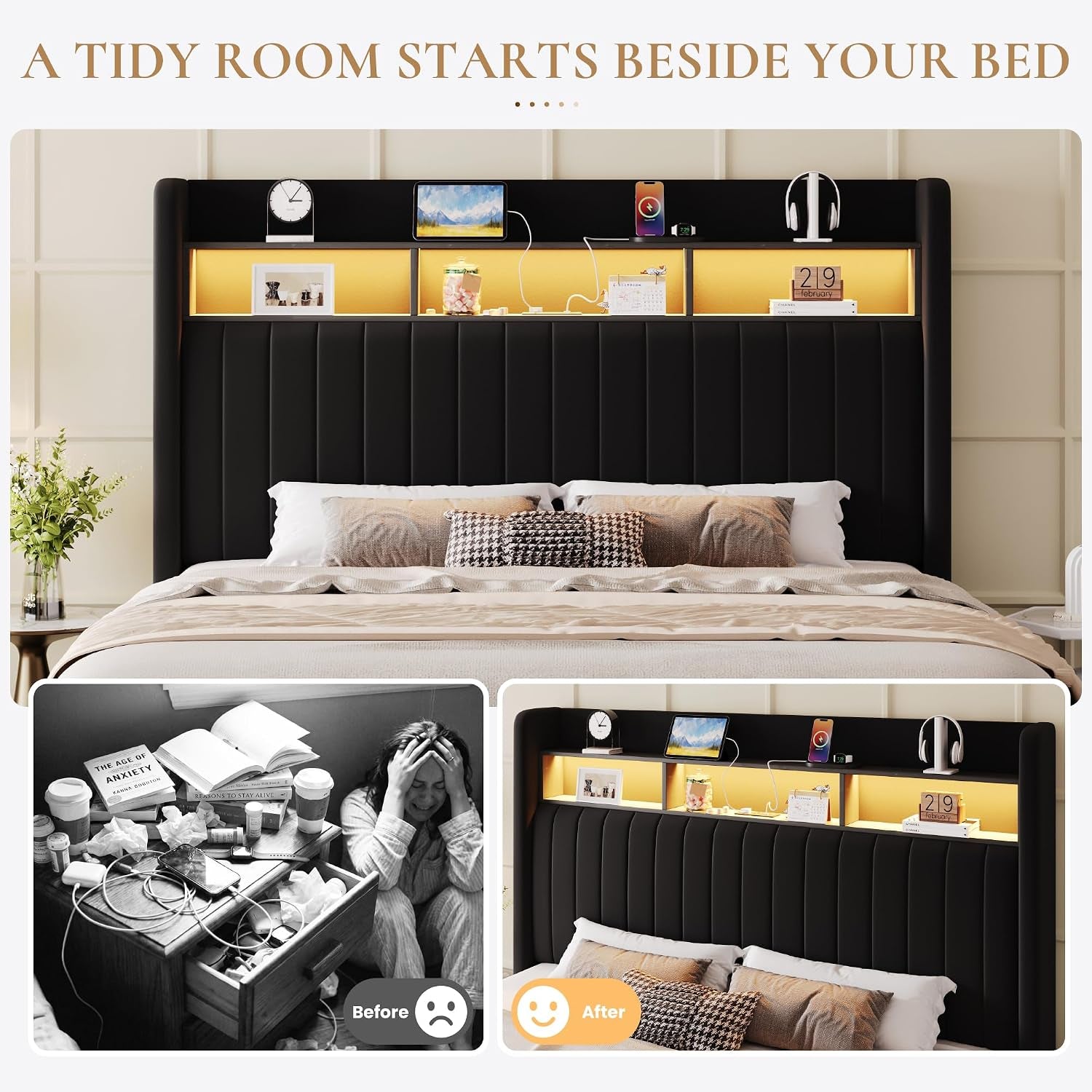 full-size-platform-bed-frame-2-tier-storage-shelf-velvet-wingback-upholstered-headboard-led-lights-and-charging-station-no-box-spring-needed-noise-free-easy-assembly-black
