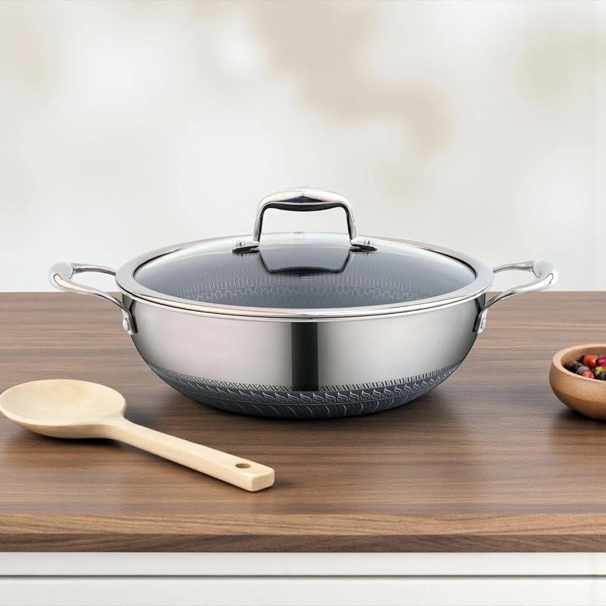 stainless-steel-wok-32-cm-6-5-l-with-glass-lid-kadai-with-two-ear-handles-hybrid-honeycomb-nonstick-pfoa-free-eu-approved-stay-cool-handles-induction-oven-dishwasher-safe-cookware