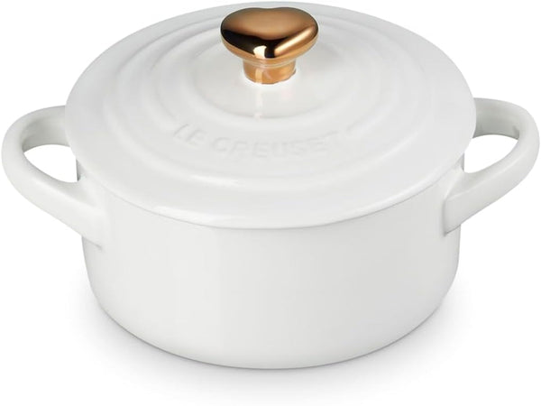 Le Creuset Stoneware Mini round Cocotte, 8Oz., White with Gold Heart Knob1