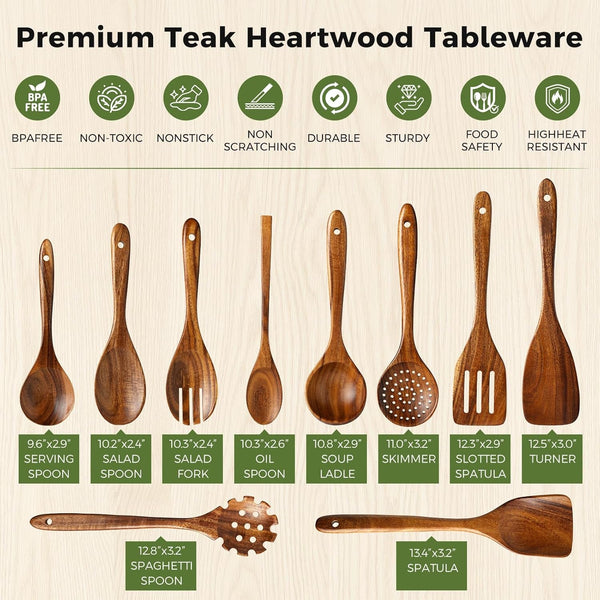 10 Pcs Teak Wooden Utensil Set, Wooden Spoons & Spatula for Cooking3