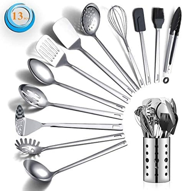 Stainless Steel Cooking Utensils Set,  13 Pieces Kitchen Utensils Set, Kitchen Tools Set with Utensil Holder Non-Stick and Heat Resistant,Dishwasher Safe, Easy to Clean (13 Packs)1