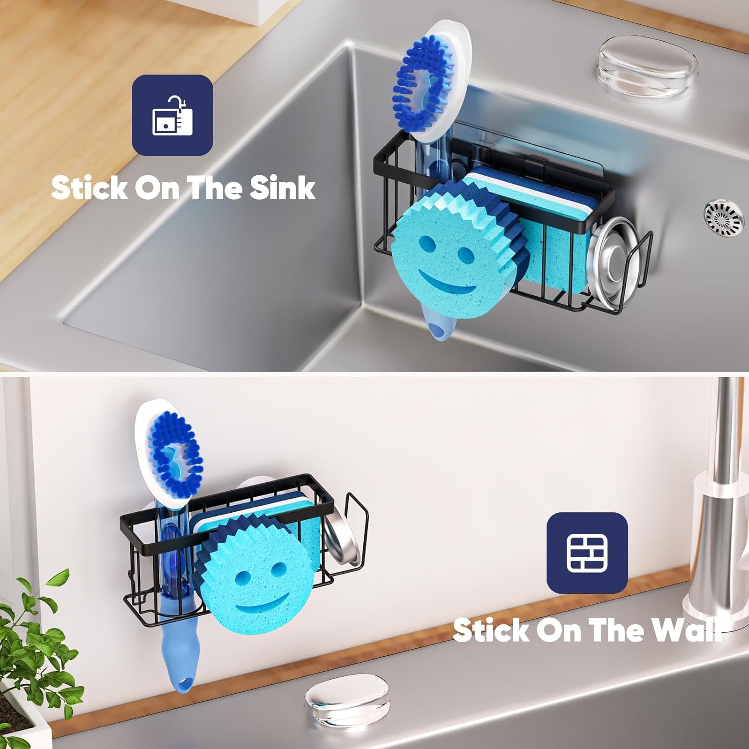 sponge-holder-for-kitchen-sink-sink-caddy-smiley-face-4-in-1-sponge-holder-with-suction-cups-1-pcs-adhesive-strips-for-holding-soap-brush-scrubber-sponge-stopper-black