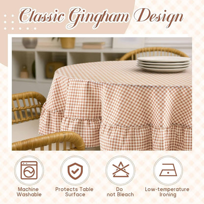 Brown Ruffled Gingham Tablecloth, 70 X 70 Inches, Round6