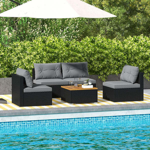 5 Pieces Wicker Patio Furniture Set, Outdoor 4 Armless Rattan Sofa & Coffee Table Set, with Cushions, Acacia Wood Tabletop, Sectional Patio Conversation Set for Lawn, Yard, Poolside, Grey3