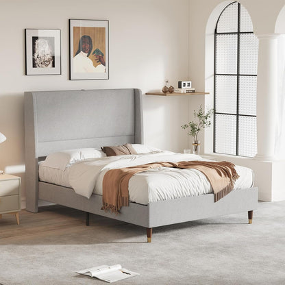 Queen Bed Frame with Upholstered Linen Headboard, Platform Bed with USB Charging Ports, Sturdy Metal Frame, No Box Spring Required, Quiet Noise-Free Modern Bedroom Furniture, Grey7