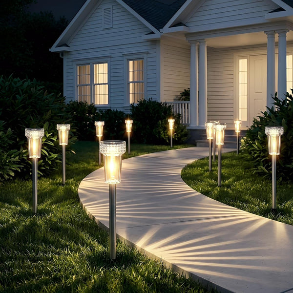12 Pack Solar Pathway Lights Outdoor, Solar Powered Garden Lights Auto On/Off, Waterproof Stainless Steel Pole Landscape Lighting for Path, Yard, Walkway, Driveway Decor - Warm White4