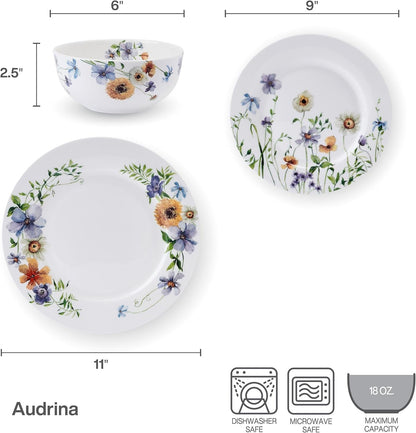 Audrina Water Color Flowers Bone China Lightweight Chip Resistant 12 Piece Dinnerware Set, Service for 4, White3
