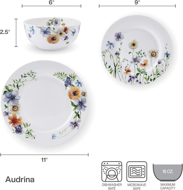 Audrina Water Color Flowers Bone China Lightweight Chip Resistant 12 Piece Dinnerware Set, Service for 4, White3