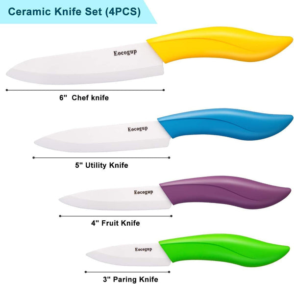 Ceramic Knife Set, 4-Piece Colored Kitchen Knives with Sheaths | Includes 3" Paring, 4" Fruit, 5" Utility & 6" Chef Knife, Sharp Ceramic Blades for Home Kitchen Prep, Colorful Covers6