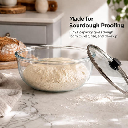 6.7 QT Sourdough Proofing Bowl with Glass Lid, Large Borosilicate Glass Bowl for Bread Dough Rising, Clear Mixing Bowl for Sourdough Bread Making, Baking, Salad and Food Prep7