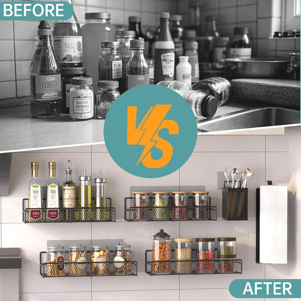 Spice Rack Wall Mounted 6 Pack: 100% Metal & Strong Adhesive Spice Organization for Kitchen Cabinet/Pantry Door, No Drill Hanging Seasoning Organizer with Paper Towel Holder, Utensil Caddy5