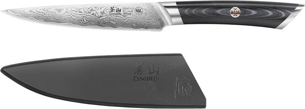 KURO Series 5-Inch Serrated Utility Knife with Sheath, High Carbon X-7 Damascus Steel, 5042892